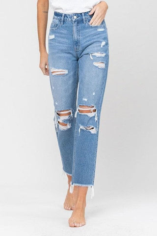 VERVET by Flying Monkey Distressed Raw Hem Mom Jeans - SwagglyLife Home & Fashion