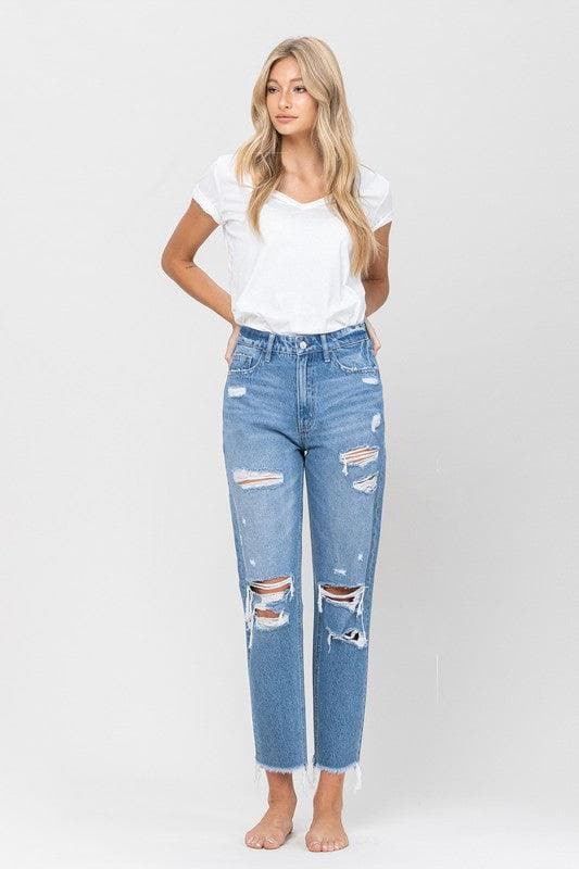 VERVET by Flying Monkey Distressed Raw Hem Mom Jeans - SwagglyLife Home & Fashion