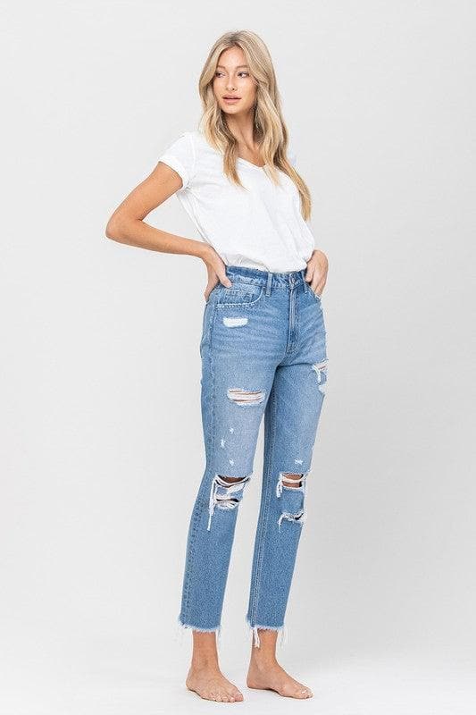 VERVET by Flying Monkey Distressed Raw Hem Mom Jeans - SwagglyLife Home & Fashion