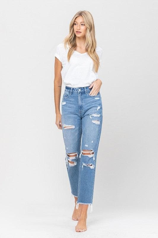 VERVET by Flying Monkey Distressed Raw Hem Mom Jeans - SwagglyLife Home & Fashion