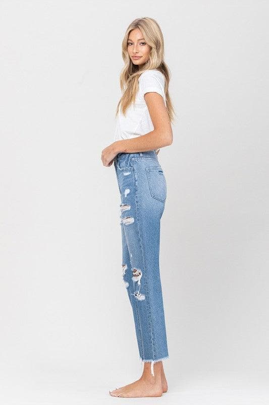 VERVET by Flying Monkey Distressed Raw Hem Mom Jeans - SwagglyLife Home & Fashion