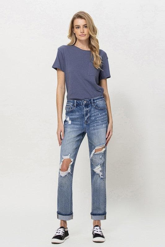 VERVET by Flying Monkey Stretch Mom Jeans w/ Spatter Detail and Cuff - SwagglyLife Home & Fashion