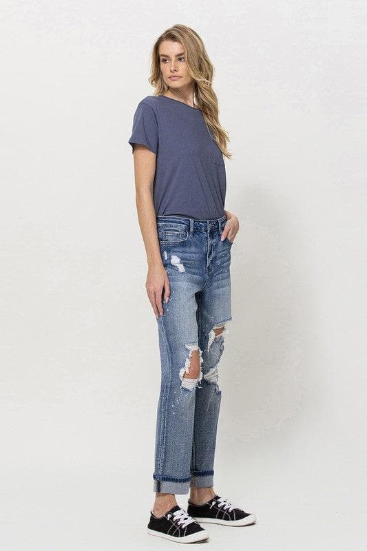 VERVET by Flying Monkey Stretch Mom Jeans w/ Spatter Detail and Cuff - SwagglyLife Home & Fashion