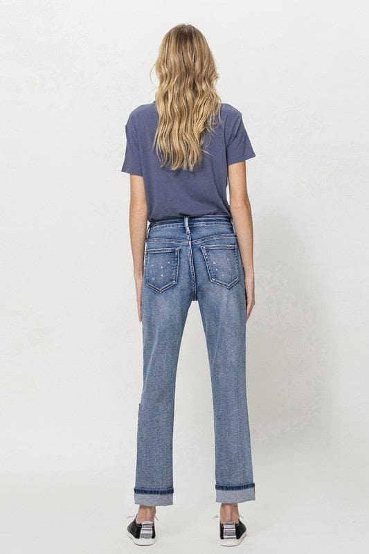 VERVET by Flying Monkey Stretch Mom Jeans w/ Spatter Detail and Cuff - SwagglyLife Home & Fashion