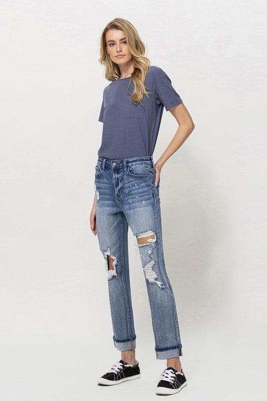 VERVET by Flying Monkey Stretch Mom Jeans w/ Spatter Detail and Cuff - SwagglyLife Home & Fashion