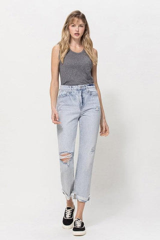 VERVET by Flying Monkey Super High Relaxed Cuffed Straight Jeans - SwagglyLife Home & Fashion