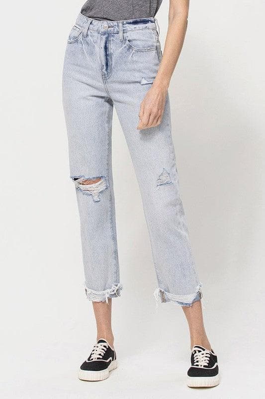 VERVET by Flying Monkey Super High Relaxed Cuffed Straight Jeans - SwagglyLife Home & Fashion