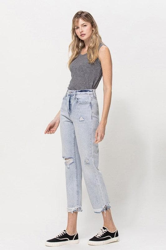 VERVET by Flying Monkey Super High Relaxed Cuffed Straight Jeans - SwagglyLife Home & Fashion