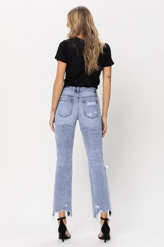 VERVET by Flying Monkey Super High Rise 90's Straight Crop Jeans with Distressed Hem - SwagglyLife Home & Fashion