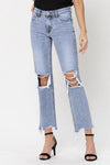 VERVET by Flying Monkey Super High Rise 90's Straight Crop Jeans with Distressed Hem - SwagglyLife Home & Fashion