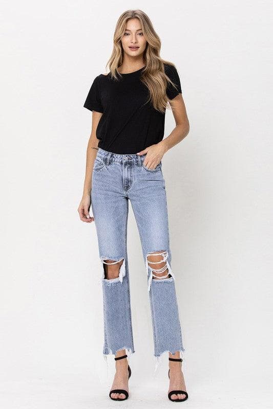 VERVET by Flying Monkey Super High Rise 90's Straight Crop Jeans with Distressed Hem - SwagglyLife Home & Fashion