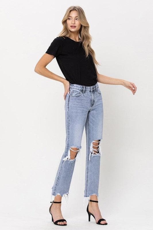VERVET by Flying Monkey Super High Rise 90's Straight Crop Jeans with Distressed Hem - SwagglyLife Home & Fashion