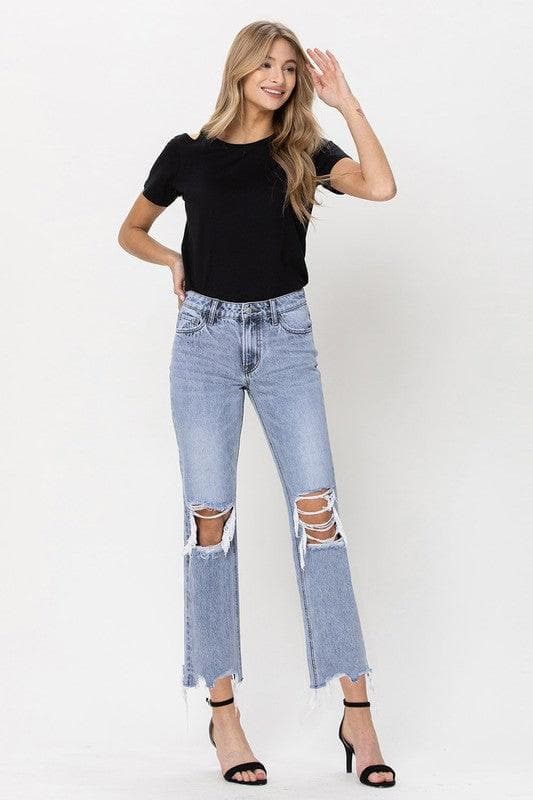 VERVET by Flying Monkey Super High Rise 90's Straight Crop Jeans with Distressed Hem - SwagglyLife Home & Fashion