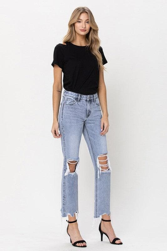 VERVET by Flying Monkey Super High Rise 90's Straight Crop Jeans with Distressed Hem - SwagglyLife Home & Fashion