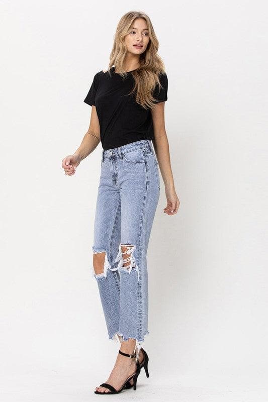 VERVET by Flying Monkey Super High Rise 90's Straight Crop Jeans with Distressed Hem - SwagglyLife Home & Fashion