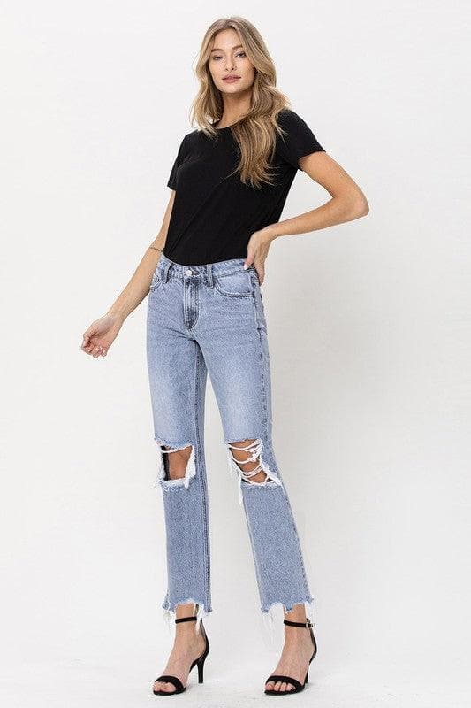 VERVET by Flying Monkey Super High Rise 90's Straight Crop Jeans with Distressed Hem - SwagglyLife Home & Fashion