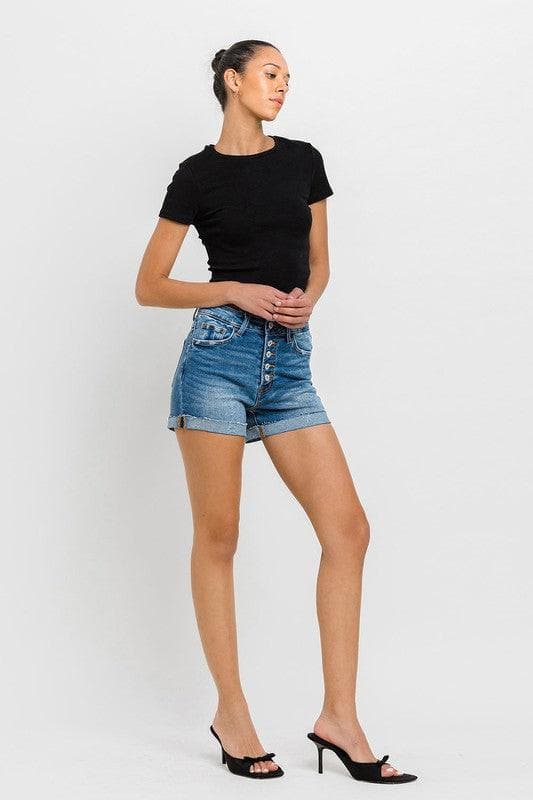 VERVET by Flying Monkey Super High Rise Button Up Mom Shorts - SwagglyLife Home & Fashion