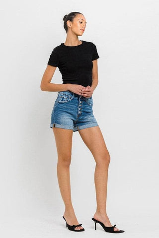 VERVET by Flying Monkey Super High Rise Button Up Mom Shorts - SwagglyLife Home & Fashion