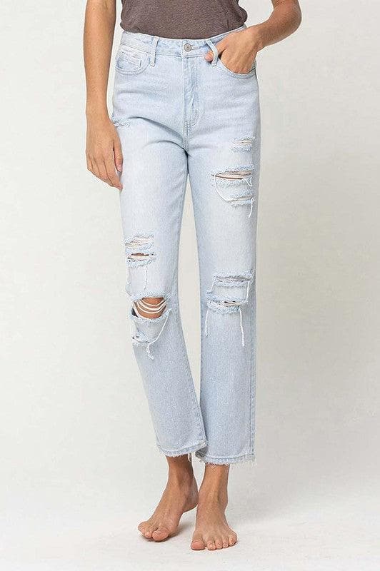 VERVET by Flying Monkey Super High Rise Distressed Crop Straight Jeans - SwagglyLife Home & Fashion