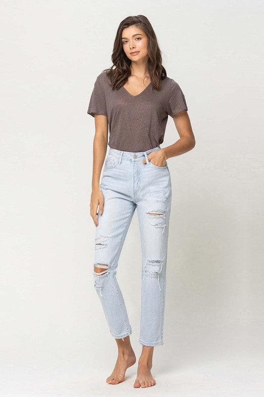 VERVET by Flying Monkey Super High Rise Distressed Crop Straight Jeans - SwagglyLife Home & Fashion