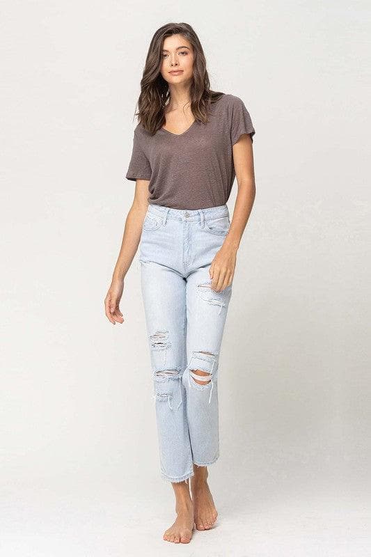 VERVET by Flying Monkey Super High Rise Distressed Crop Straight Jeans - SwagglyLife Home & Fashion