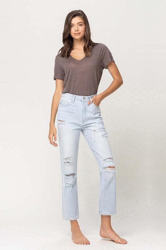 VERVET by Flying Monkey Super High Rise Distressed Crop Straight Jeans - SwagglyLife Home & Fashion
