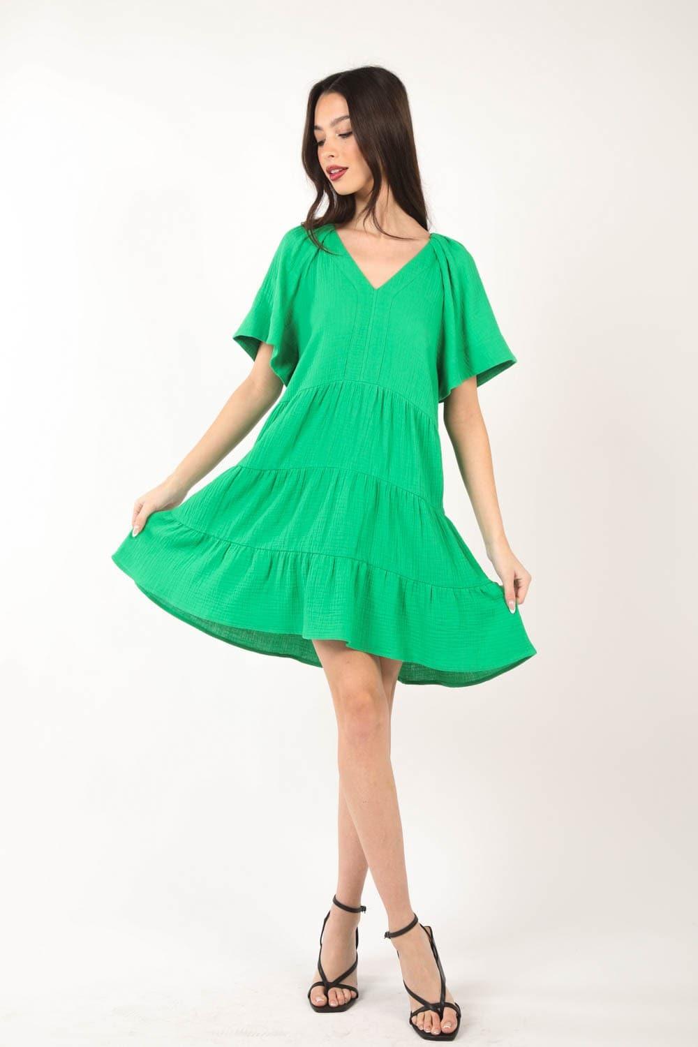 VERY J Texture V-Neck Ruffled Tiered Dress - SwagglyLife Home & Fashion