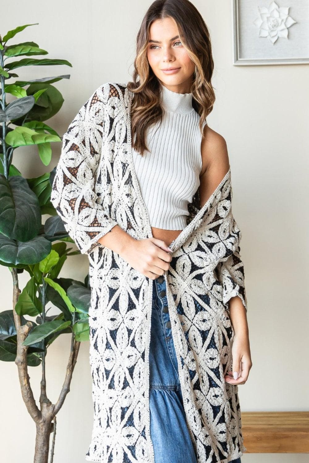 Veveret Geometric Open Front Three-Quarter Sleeve Cardigan - SwagglyLife Home & Fashion