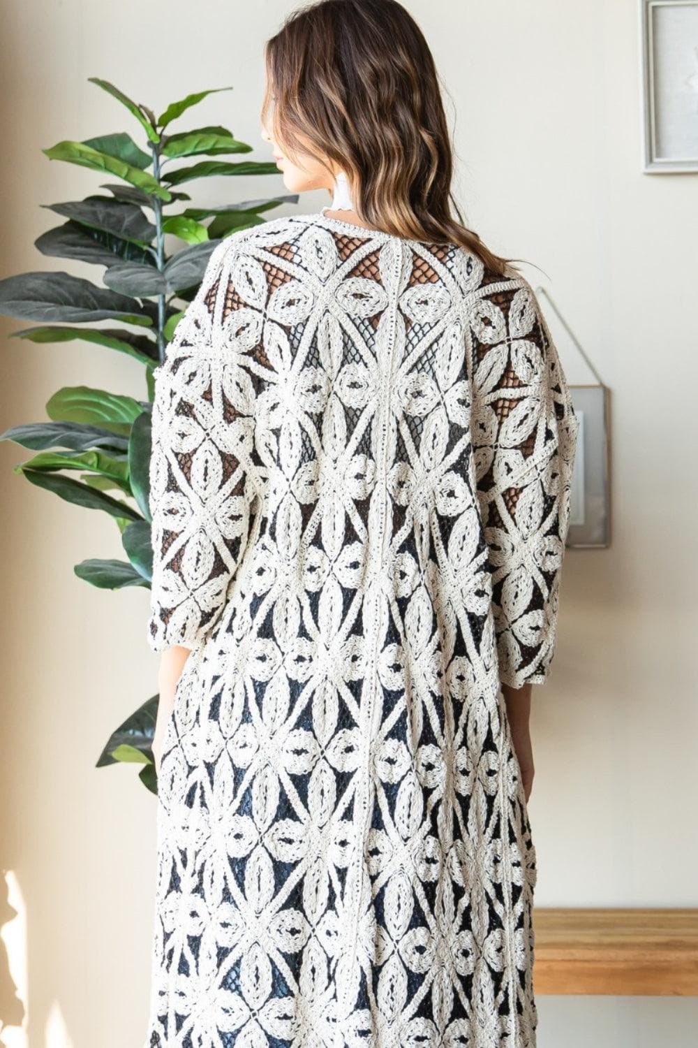 Veveret Geometric Open Front Three-Quarter Sleeve Cardigan - SwagglyLife Home & Fashion