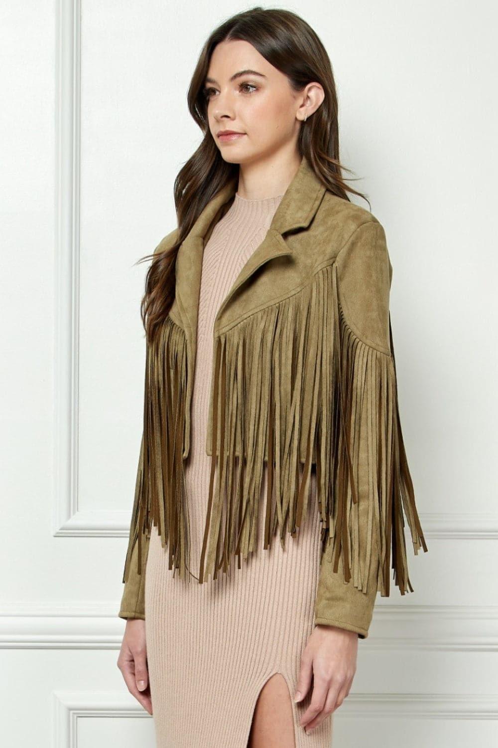 VEVERET Suede Fringe Long Sleeve Moto Jacket - SwagglyLife Home & Fashion