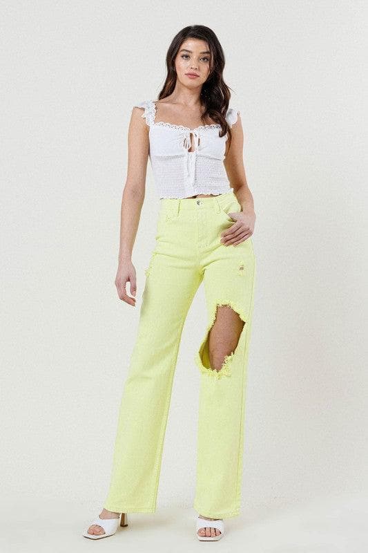 Vibrant M.i.U Distressed Wide Cut Straight Leg Jeans - SwagglyLife Home & Fashion