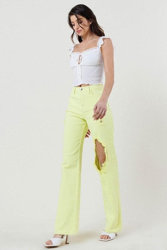 Vibrant M.i.U Distressed Wide Cut Straight Leg Jeans - SwagglyLife Home & Fashion