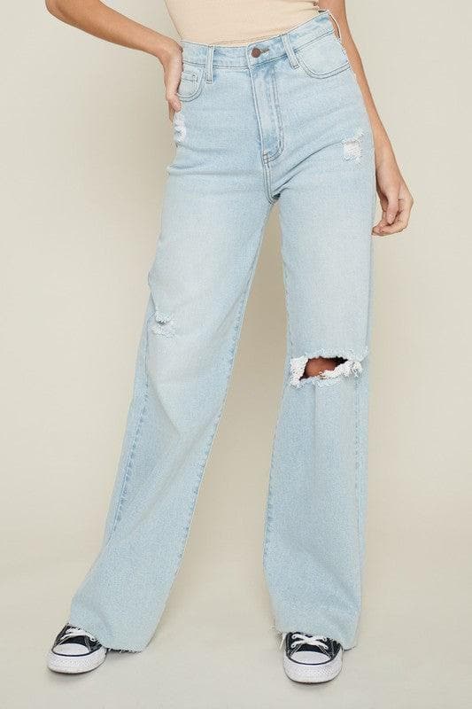 Vibrant M.i.U Distressed Wide Leg Jeans - SwagglyLife Home & Fashion