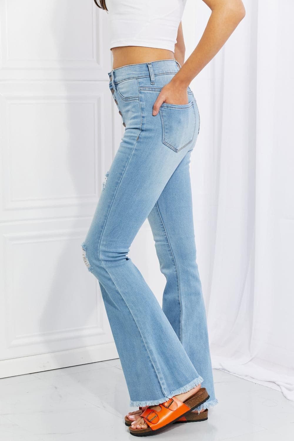 Vibrant MIU Full Size Jess Button Flare Jeans - SwagglyLife Home & Fashion