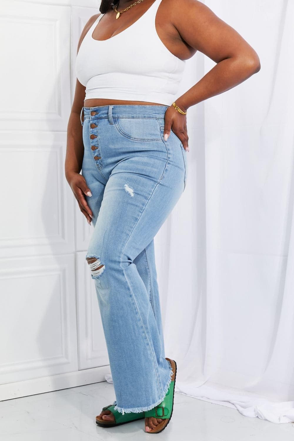 Vibrant MIU Full Size Jess Button Flare Jeans - SwagglyLife Home & Fashion