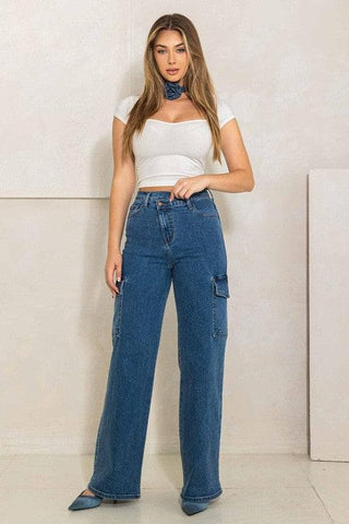 Vibrant M.i.U High Rise Crossed Waist Cargo Wide Jeans - SwagglyLife Home & Fashion