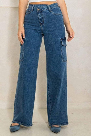 Vibrant M.i.U High Rise Crossed Waist Cargo Wide Jeans - SwagglyLife Home & Fashion