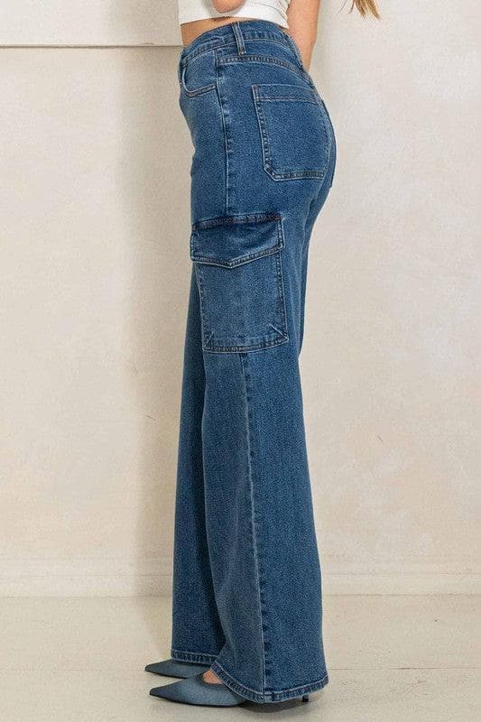 Vibrant M.i.U High Rise Crossed Waist Cargo Wide Jeans - SwagglyLife Home & Fashion