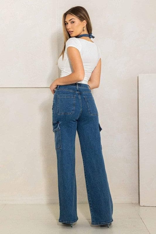 Vibrant M.i.U High Rise Crossed Waist Cargo Wide Jeans - SwagglyLife Home & Fashion