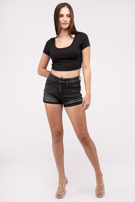 Washed Black Cuffed Raw Hem Denim Shorts - SwagglyLife Home & Fashion