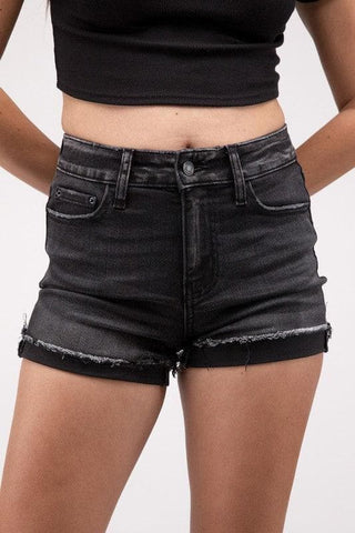 Washed Black Cuffed Raw Hem Denim Shorts - SwagglyLife Home & Fashion