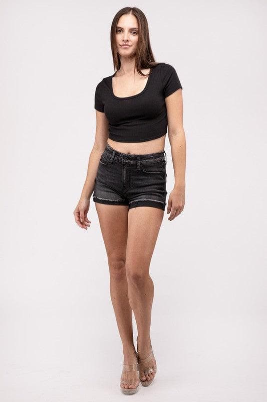 Washed Black Cuffed Raw Hem Denim Shorts - SwagglyLife Home & Fashion