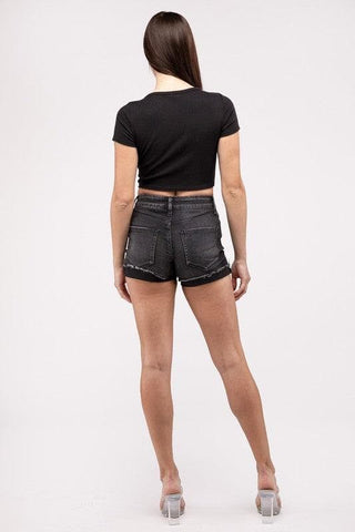 Washed Black Cuffed Raw Hem Denim Shorts - SwagglyLife Home & Fashion