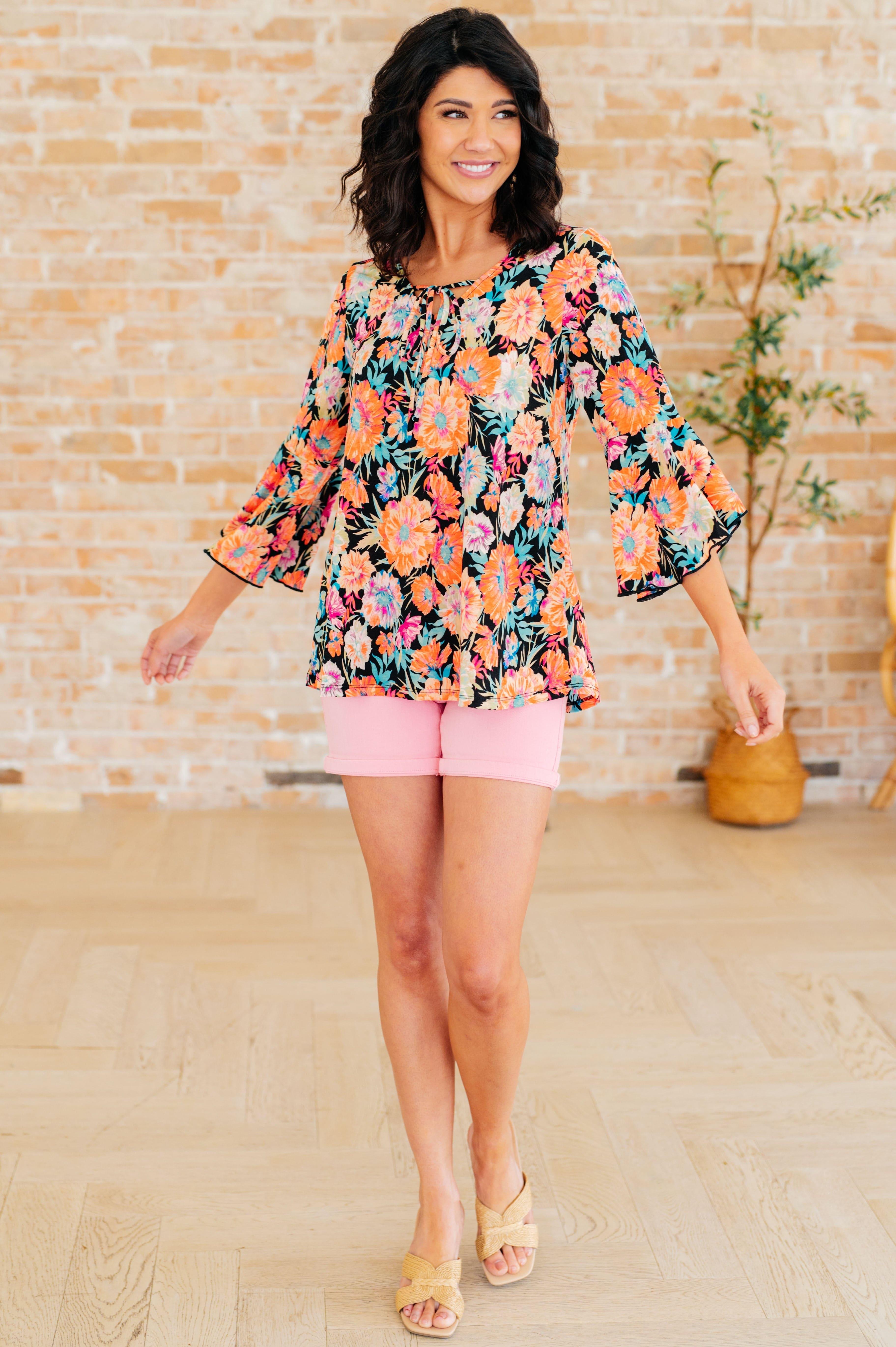 Willow Bell Sleeve Top in Black and Persimmon Floral - SwagglyLife Home & Fashion