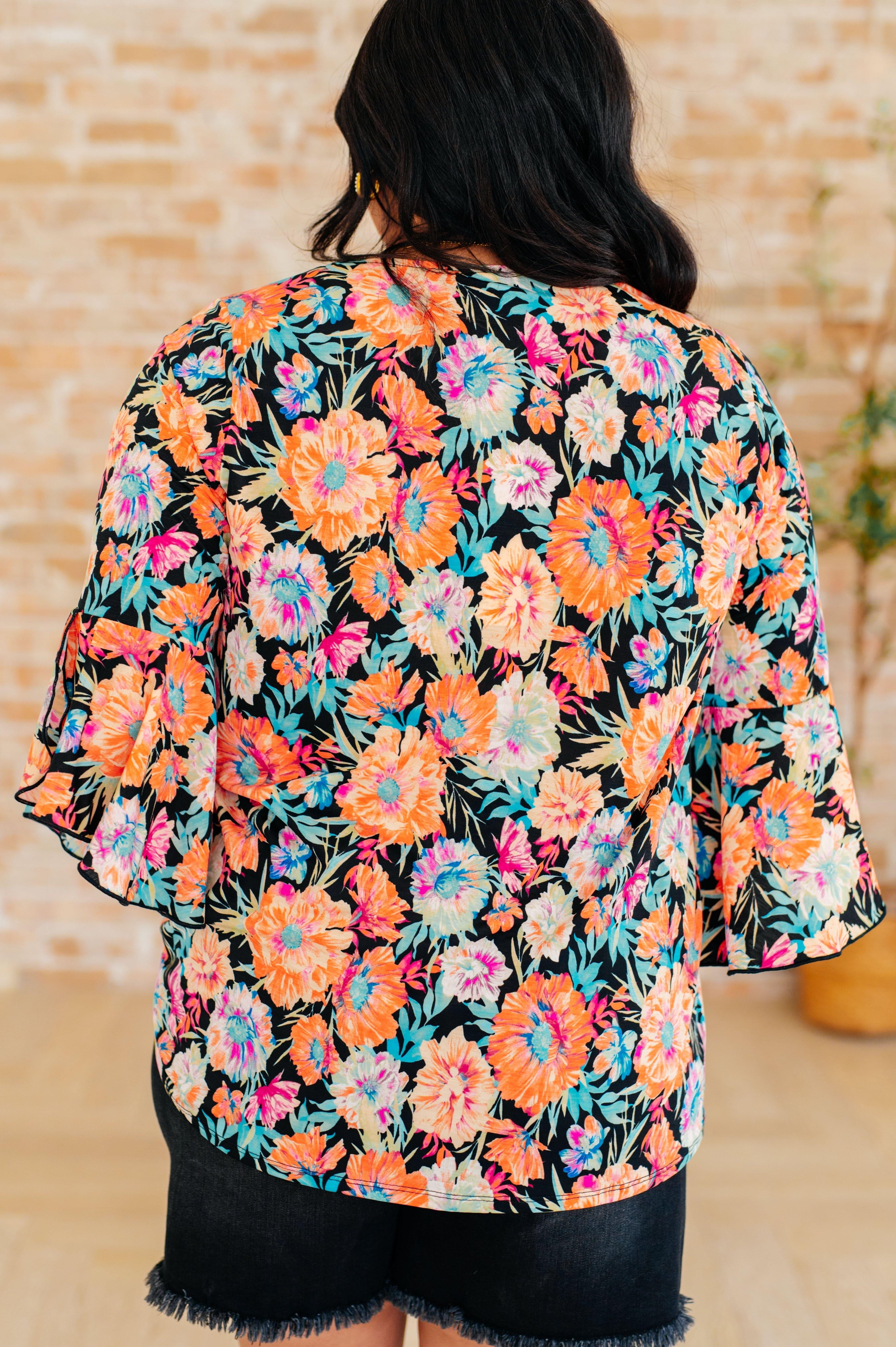 Willow Bell Sleeve Top in Black and Persimmon Floral - SwagglyLife Home & Fashion