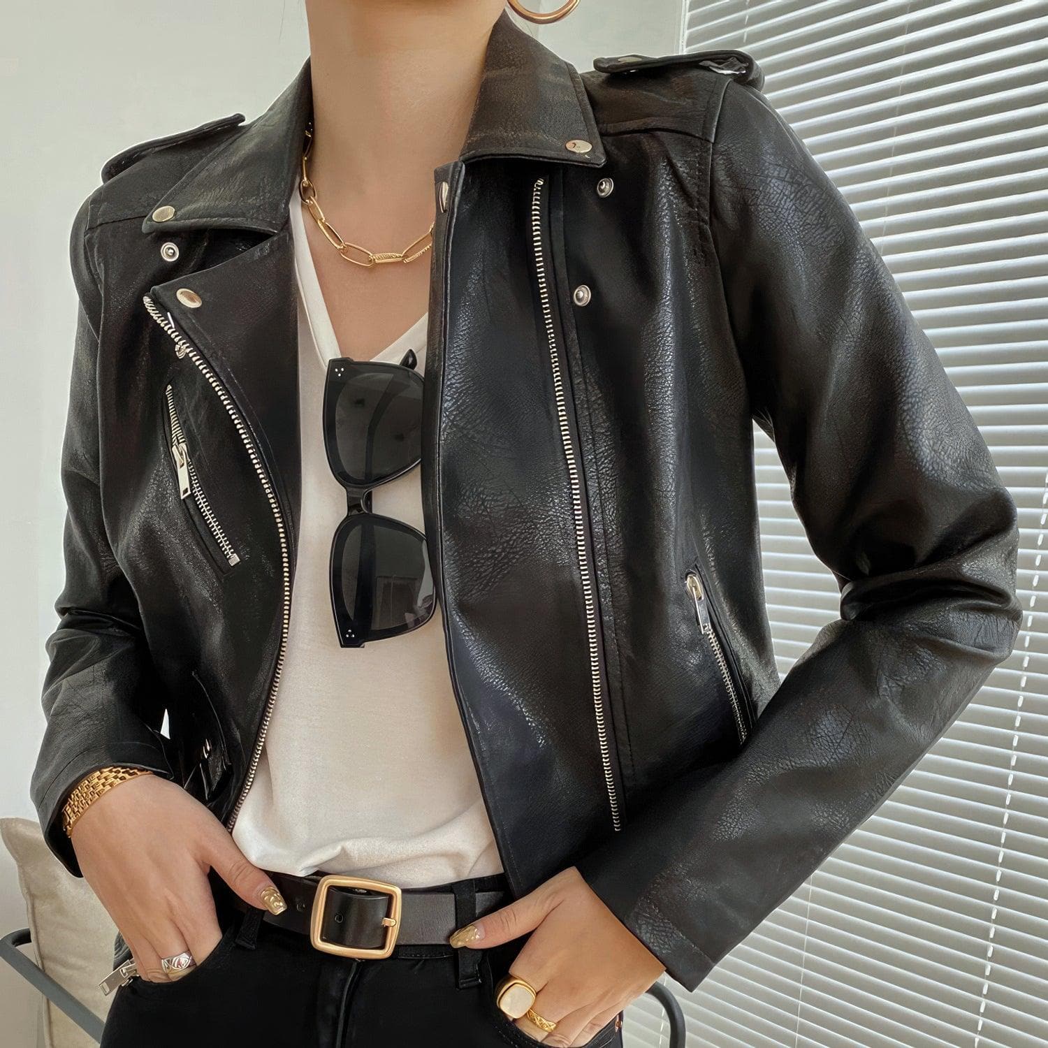 Women’s Black Real Sheepskin Belted Slim Fit Biker Jacket | Real Leather - SwagglyLife Home & Fashion