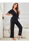 Women's Contrast Piping Belted Pajama Set - SwagglyLife Home & Fashion