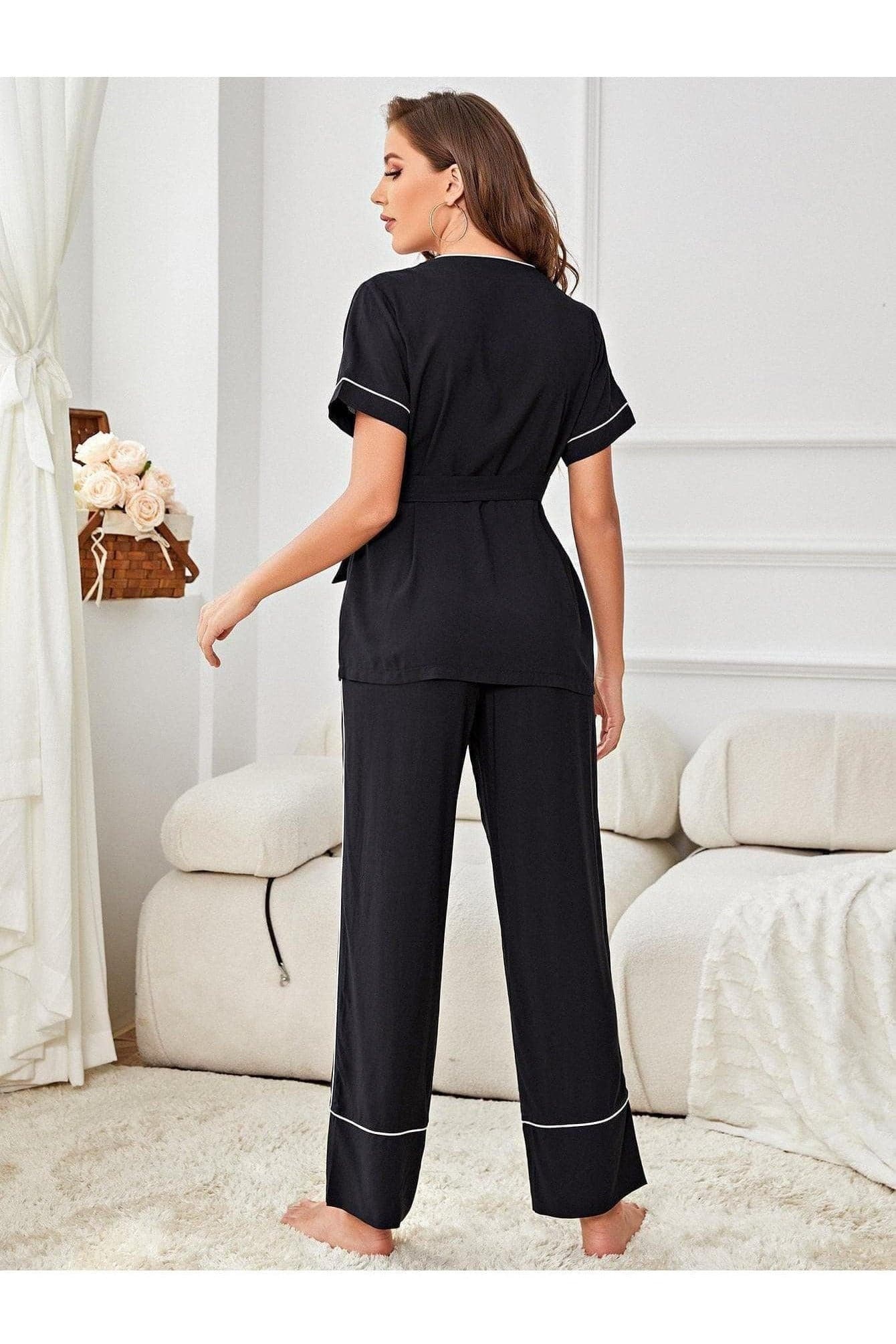 Women's Contrast Piping Belted Pajama Set - SwagglyLife Home & Fashion