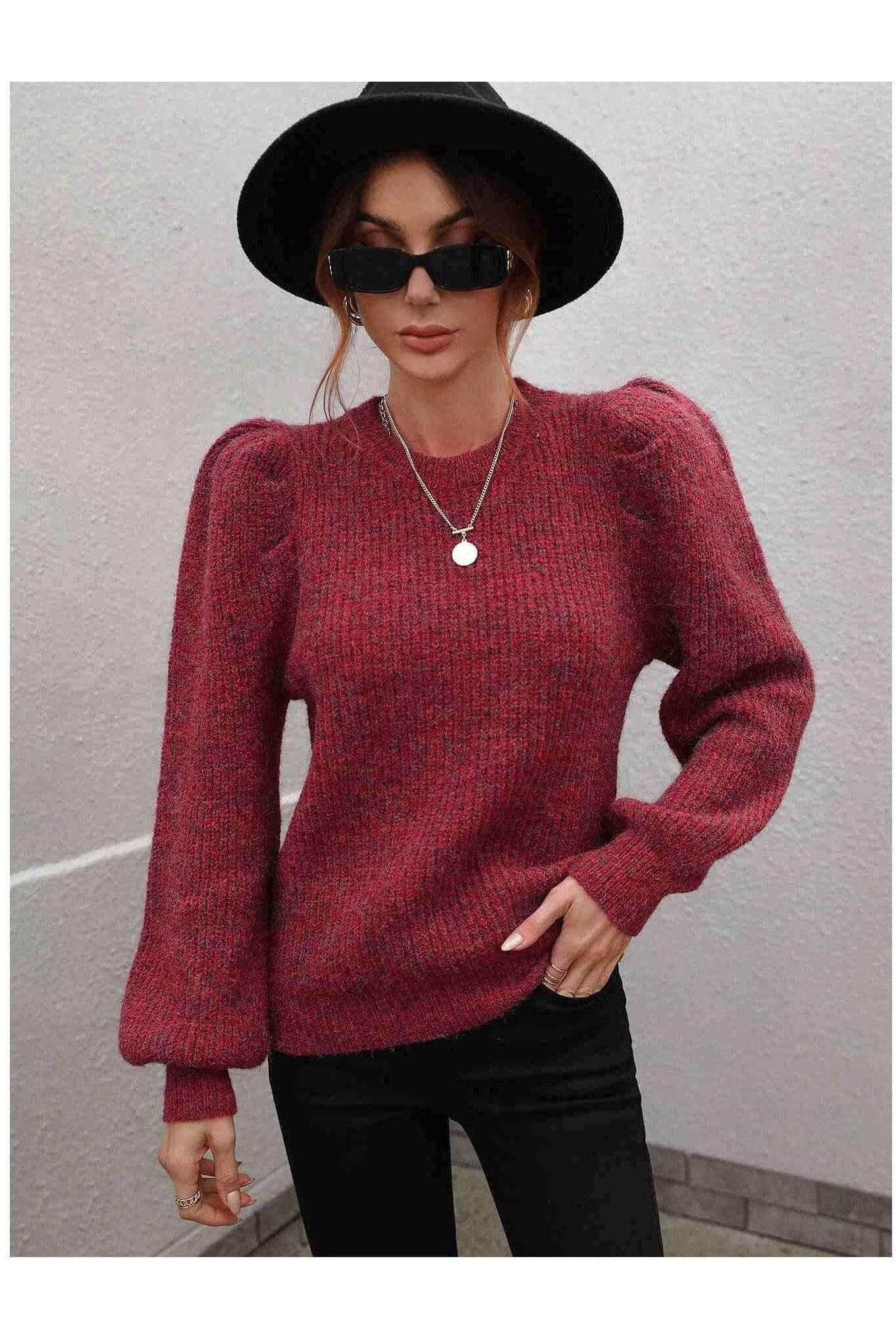 Heathered Long Lantern Sleeve Rib-Knit Sweater - SwagglyLife Home & Fashion