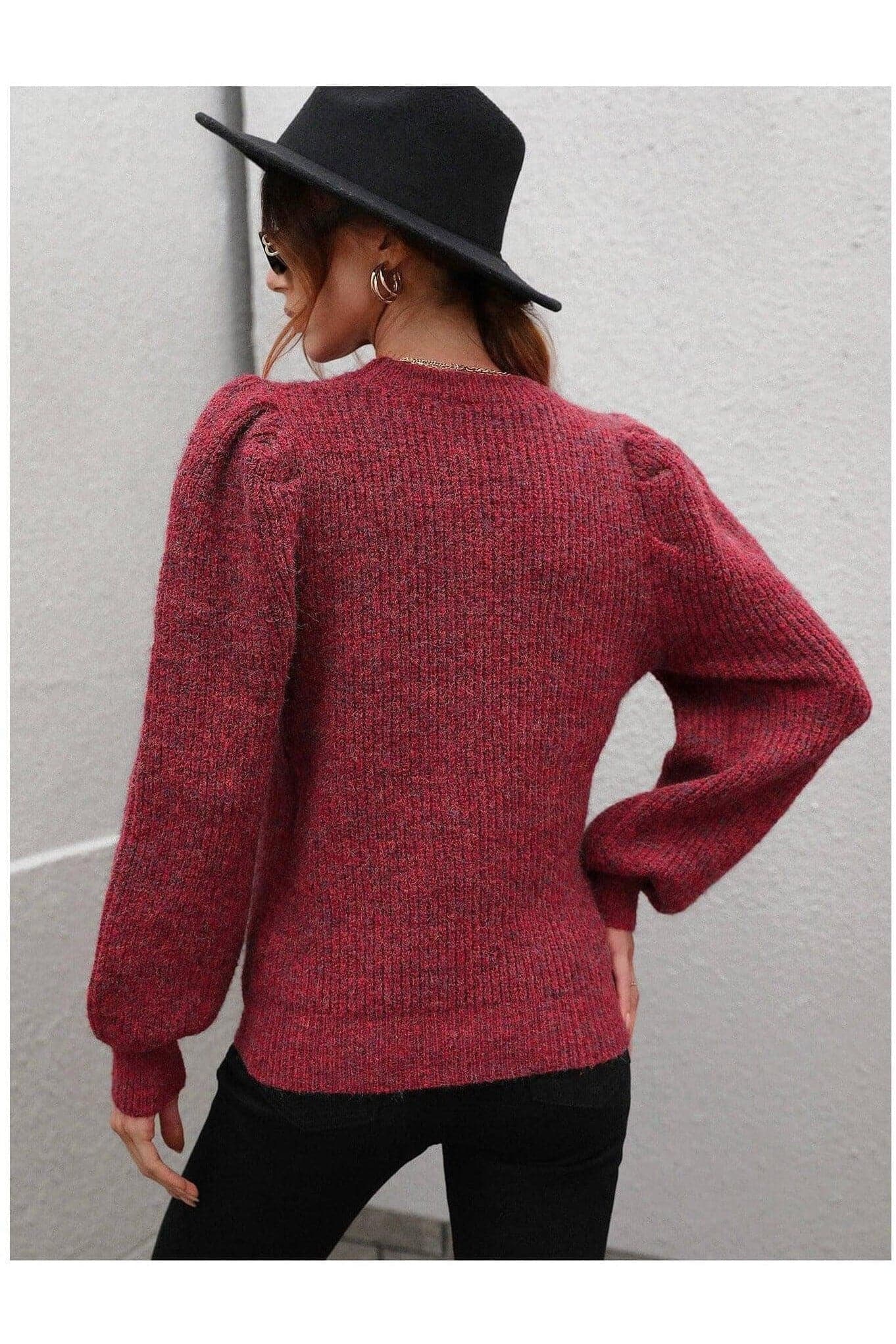 Heathered Long Lantern Sleeve Rib-Knit Sweater - SwagglyLife Home & Fashion